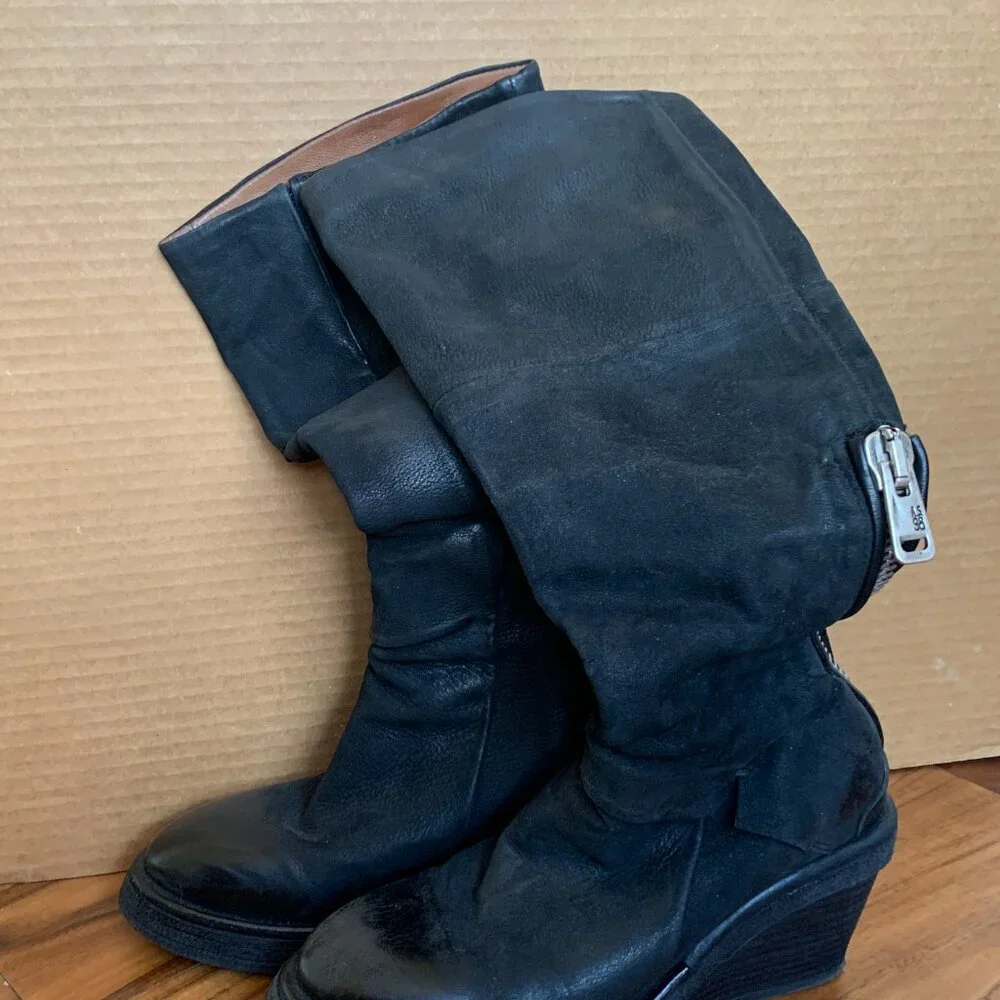 A.S.98 Women's Sabina Wedge Leather Suede Boots Black sz 38 7.5 Side Zip Ankle